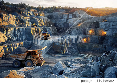 Mining industry, open quarry mining stone mineral, aerial view from drone. Special vehicles trucks drive in quarry. 119156562