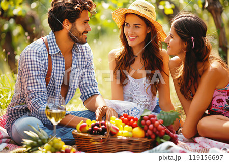 Cheerful company of friends on a picnic, man two women on a green meadow among trees at noon with a basket of food. Cheerful company of friends on a picnic, man two women on a green meadow among trees at noon with a basket of food. 119156697