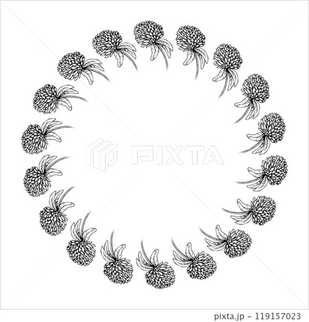 Round frame made of hand-drawn clover in black ink on a white background Round frame made of hand-drawn clover in black ink on a white background 119157023