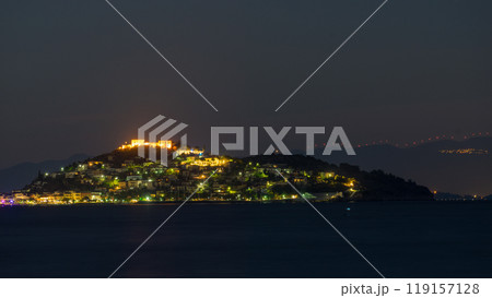 Night scene of Astros town with old castle Greece 119157128