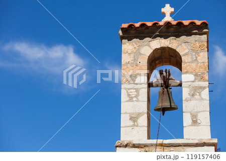 Detail of architecture belfry in Vathia town, Mani Greece. Detail of architecture belfry in Vathia town, Mani Greece. 119157406
