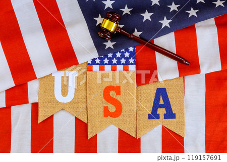 American flag judge gavel it is symbol of justice law system in USA 119157691
