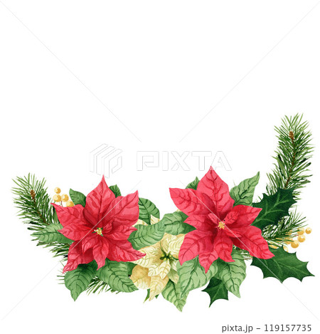 Composition with holly, pine and poinsettia, watercolor Christmas bouquet. Hand-painted watercolor element for New year invitations, or greeting cards 119157735