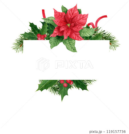 Watercolor greeting card with holly, pine, red ribbon and poinsettia, with square copy space, on white background. Hand-painted watercolor composition 119157736