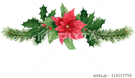 Composition with holly, pine and poinsettia, watercolor Christmas bouquet. Hand-painted watercolor element for New year invitations, or greeting cards Composition with holly, pine and poinsettia, watercolor Christmas bouquet. Hand-painted watercolor element for New year invitations, or greeting cards 119157759
