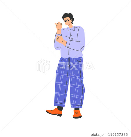 Man Character Dress Up Put On Clothes Button Shirt Sleeve Vector Illustration 119157886