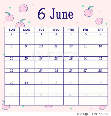 2025年6月のカレンダー　日曜日始まり 119158059