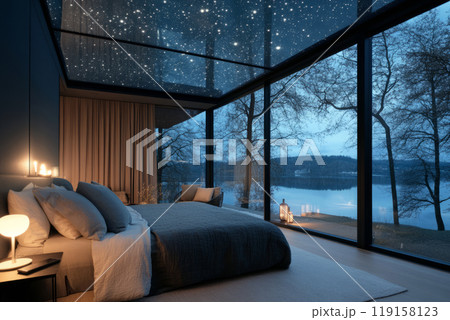 Minimalist bedroom with big windows and a ceiling with a starry night effect Minimalist bedroom with big windows and a ceiling with a starry night effect 119158123