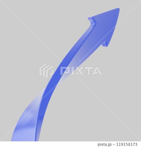 Abstract 3D figure of a blue curved arrow pointing upwards on a white background. Symbolizes growth, progress, or upward direction. Ideal for use in business presentations, infographics, and design 119158173