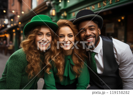smiling young people in green St. Patrick's top hats celebrating St. Patrick's Day 119158282
