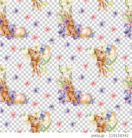 Easter rabbit, eggs and flowers seamless pattern isolated on white. Watercolor hare and blue, pink flowers hand drawn. Print of white lily hand painted. For design textile, package, wrapping paper Easter rabbit, eggs and flowers seamless pattern isolated on white. Watercolor hare and blue, pink flowers hand drawn. Print of white lily hand painted. For design textile, package, wrapping paper 119158342