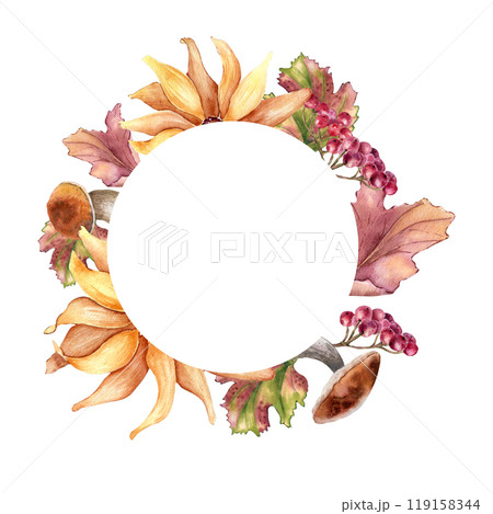Autumn floral frame of watercolor sunflower, mushrooms and red berries isolated. Seasonal foliage wreath with bolete, viburnum and rowan hand drawn. Fall botanical frame of yellow flowers petals. Autumn floral frame of watercolor sunflower, mushrooms and red berries isolated. Seasonal foliage wreath with bolete, viburnum and rowan hand drawn. Fall botanical frame of yellow flowers petals. 119158344