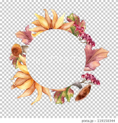 Autumn floral frame of watercolor sunflower, mushrooms and red berries isolated. Seasonal foliage wreath with bolete, viburnum and rowan hand drawn. Fall botanical frame of yellow flowers petals. Autumn floral frame of watercolor sunflower, mushrooms and red berries isolated. Seasonal foliage wreath with bolete, viburnum and rowan hand drawn. Fall botanical frame of yellow flowers petals. 119158344