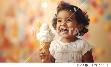 Indian POC little girl enjoying ice cream cone, copy space 119158594
