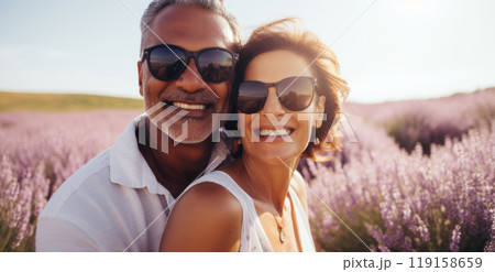 Mature Mixed Race Couple Enjoying Sunshine in Summer Lavender Field copy space 119158659
