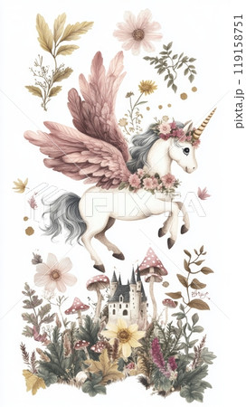 Whimsical Forest Unicorns with Wings and Flower Headband, Fantasy Illustration for Children's Book or Wall Art Generative AI 119158751