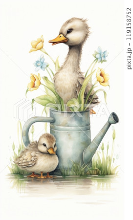 Whimsical Mama Duck and Baby Duck Watering a Lake Scene for Family or Parenting Concepts Generative AI 119158752
