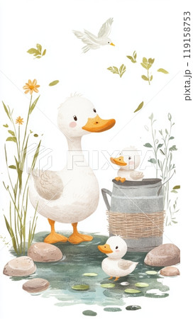 Whimsical Mama Duck and Baby Duck Watering Plants by a Lake Generative AI 119158753