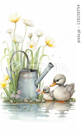 Whimsical Mama Duck and Baby Duck Watering a Lake with a Small Gray Fence Generative AI 119158754