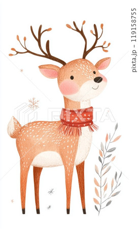Whimsical Reindeer Walking in Christmas Scarf, Festive Holiday Illustration Generative AI 119158755