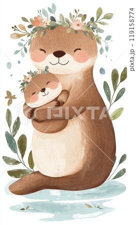Mother and Baby Otter Sleeping Together, Illustration of Family Bonding Generative AI 119158774