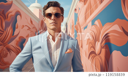 Fashionable man in peach suit and sunglasses posing against colorful mural Fashionable man in peach suit and sunglasses posing against colorful mural 119158839