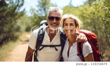 Middle aged couple walking on forest path with backpacks in summer 119158874