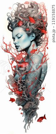 Woman surrounded by fishes and waves in intricate tattoo design 119158875