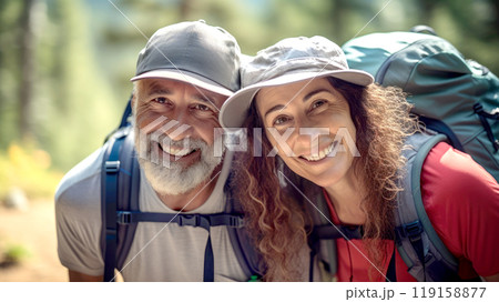 Middle aged couple walking on forest path with backpacks in summer 119158877