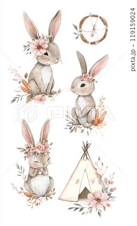 Whimsical Bohemian Bunny Relaxing in a Teepee Generative AI 119159024