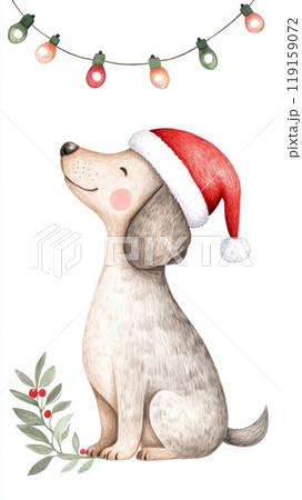 Hand Drawn Illustration of a Dachshund in a Santa Hat with Christmas Lights Generative AI 119159072