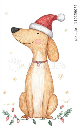 Hand Drawn Illustration of a Dachshund in a Santa Hat with Christmas Lights Generative AI 119159073