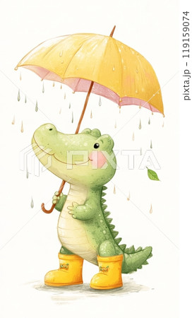 Adorable Baby Crocodile in Yellow Rain Boots and Umbrella, Fun and Playful Illustration for Children's Content Generative AI 119159074