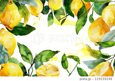 Watercolor illustration of yellow lemons with green leaves on white background 119159148