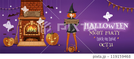 Halloween night party, invitation flyer design with cute girl in witch costume Halloween night party, invitation flyer design with cute girl in witch costume 119159468
