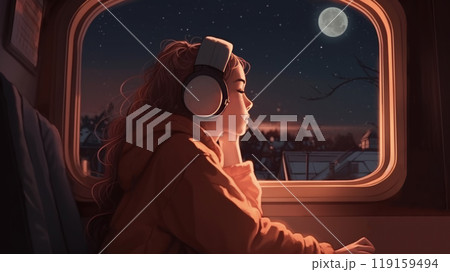 Cute teenage girl in big headphones sits by the train window, listens to music 119159494