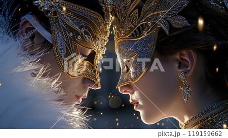 Close-up of two people wearing ornate masquerade masks in gold and blue gazing into each others eyes Close-up of two people wearing ornate masquerade masks in gold and blue gazing into each others eyes 119159662