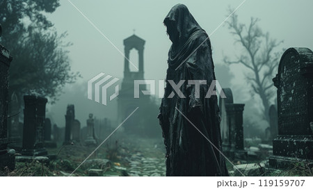 American-style Grim Reaper dressed in a dark, hooded cloak, standing in a foggy cemetery 119159707