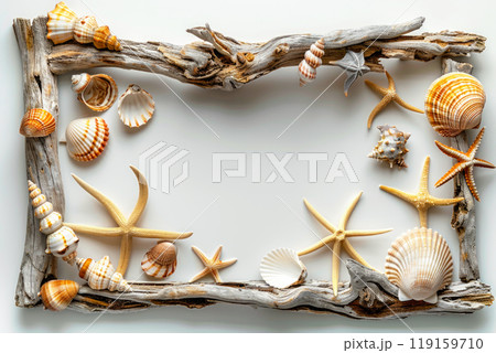 Wooden frame mockup made of driftwood with shells on white background 119159710