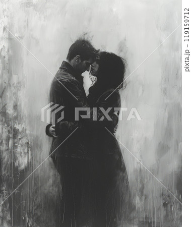 Close up shot of a couple hugging from each other emotionally, misty, black and white scene 119159712