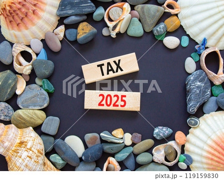 Planning tax 2025 new year symbol. Concept words Tax 2025 on beautiful wooden blocks. Beautiful black background. Beautiful sea stones shell. Business tax 2025 new year concept. Copy space. 119159830