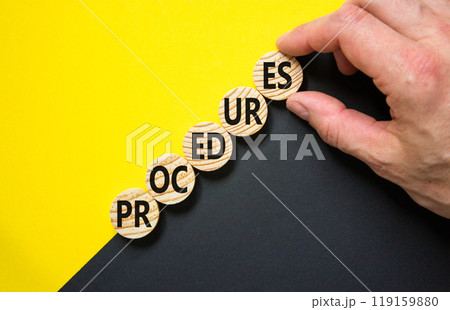 Procedures symbol. Concept word Procedures on beautiful wooden circles. Beautiful yellow and black background. Businessman hand. Business procedures concept. Copy space. Procedures symbol. Concept word Procedures on beautiful wooden circles. Beautiful yellow and black background. Businessman hand. Business procedures concept. Copy space. 119159880