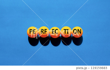 Perfection symbol. Concept word Perfection on beautiful yellow ping pong balls. Beautiful blue background. Business perfection concept. Copy space. Perfection symbol. Concept word Perfection on beautiful yellow ping pong balls. Beautiful blue background. Business perfection concept. Copy space. 119159883