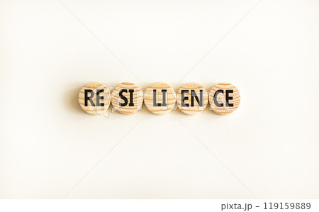 Resilience symbol. Concept word Resilience on beautiful wooden circles. Beautiful white background. Business resilience concept. Copy space. 119159889