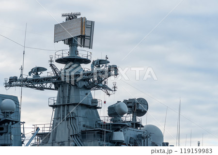 naval military background, concept, fragment of a modern warship with a navigation and radar equipment 119159983