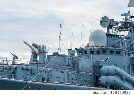 naval military background, concept, fragment of a modern warship with missile weapons 119159985