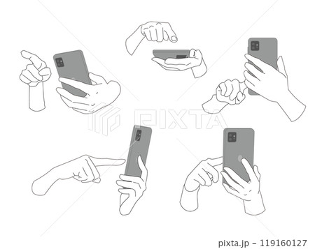 スマホを両手でクリック操作する手のモノクロイラスト素材セット2 119160127