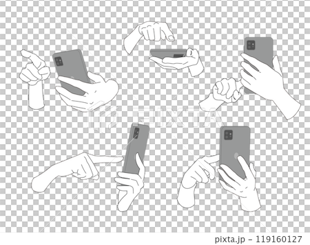 スマホを両手でクリック操作する手のモノクロイラスト素材セット2 119160127