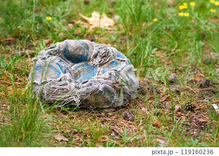 Old abandoned torn sports ball among green grass Old abandoned torn sports ball among green grass 119160236