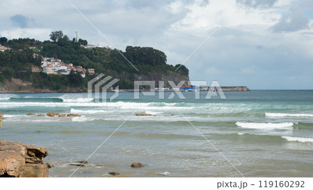 Panoramic view from La Griega beach, in Colunga. Lastres in the distance. Asturias, Spain 119160292